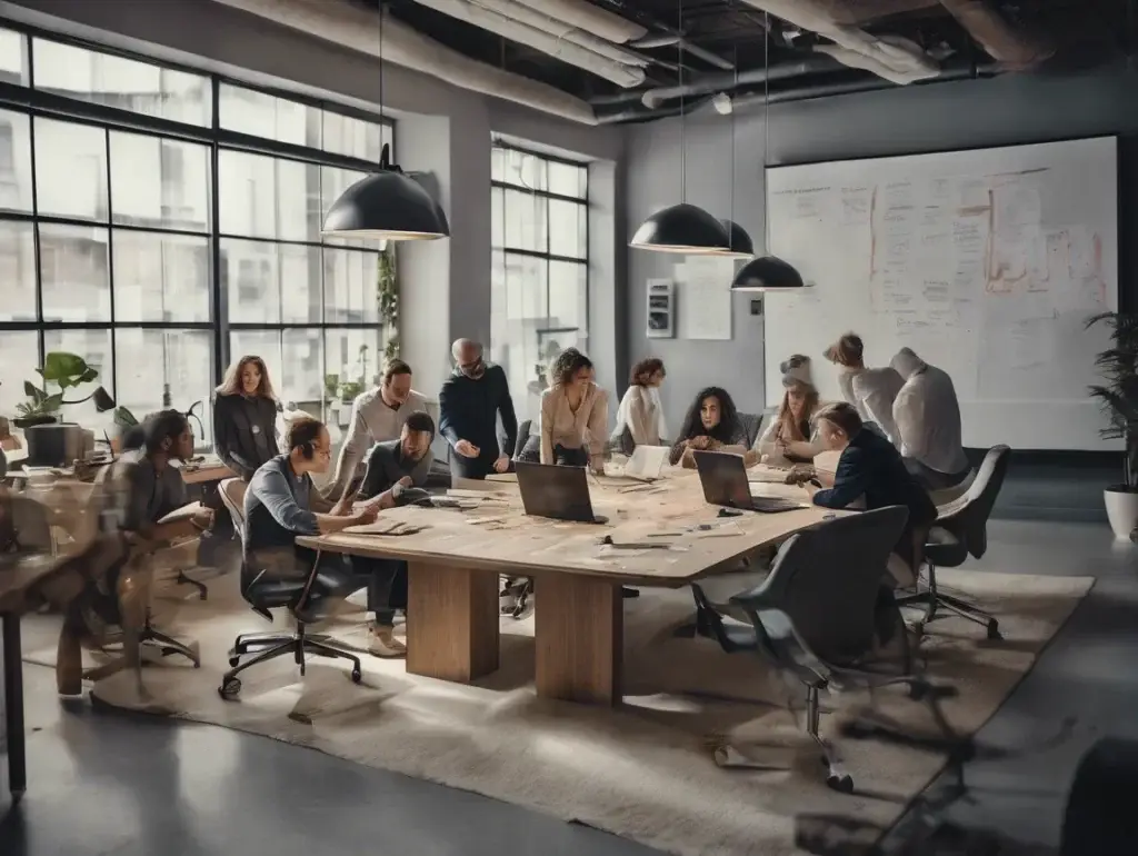 un grup de oameni lucrează și colaborează în jurul unei mese mari într un birou modern, cu laptopuri, documente și o tablă albă în fundal.