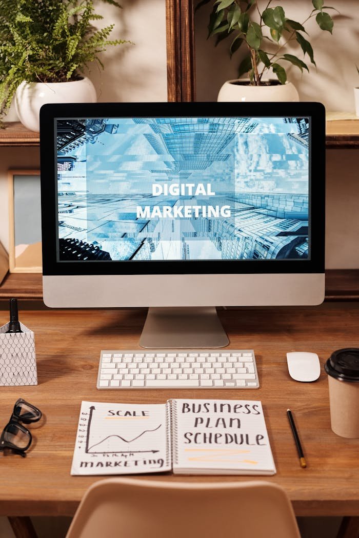 about-01 Contemporary office setup featuring digital marketing strategy on a computer screen, ideal for business technology themes.